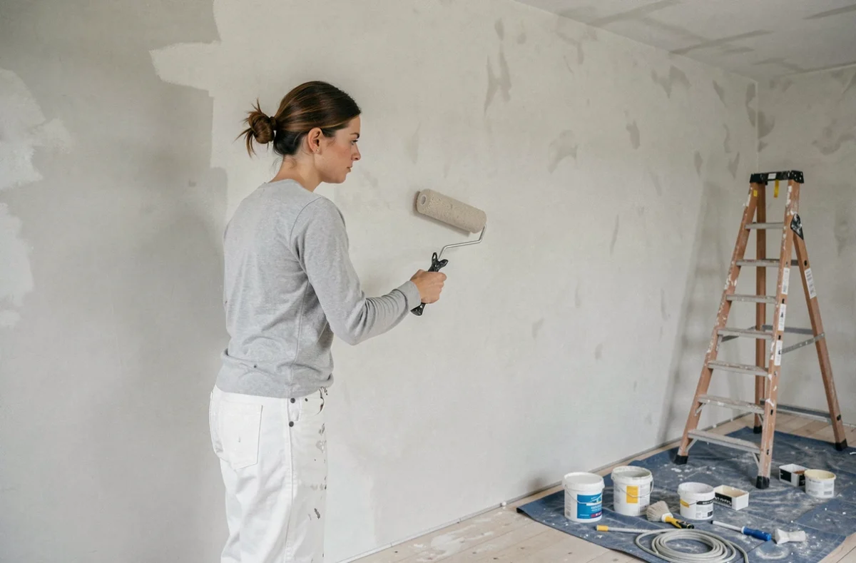 Entreprise AC Peinture appliquant une finition de qualité sur un mur plâtré dans un chantier de rénovation