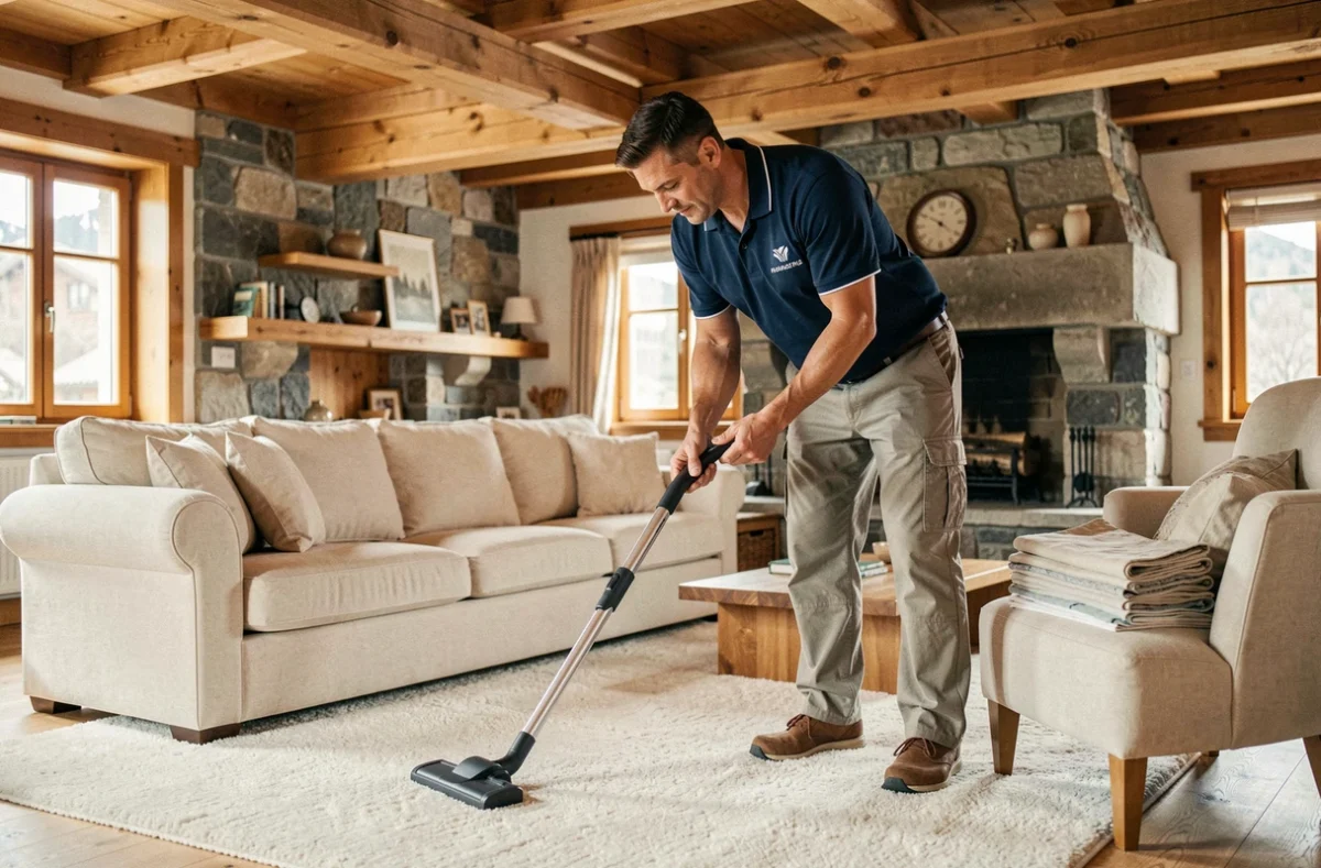 Agent d'entretien masculin passant l'aspirateur dans le salon d'un chalet à Annecy avec poutres apparentes et cheminée en pierre