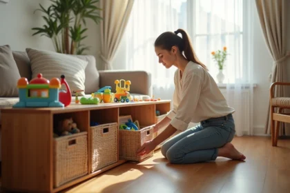 Mère organisant des jouets dans des paniers en osier sur une étagère basse en bois dans un salon familial cosy