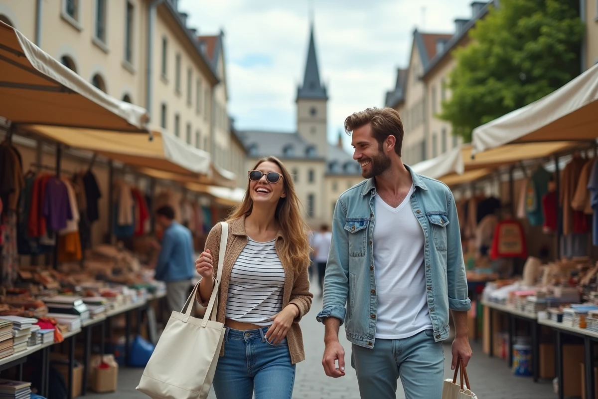Deux amis se promenant et cherchant des bonnes affaires dans un vide-grenier en Loire-Atlantique