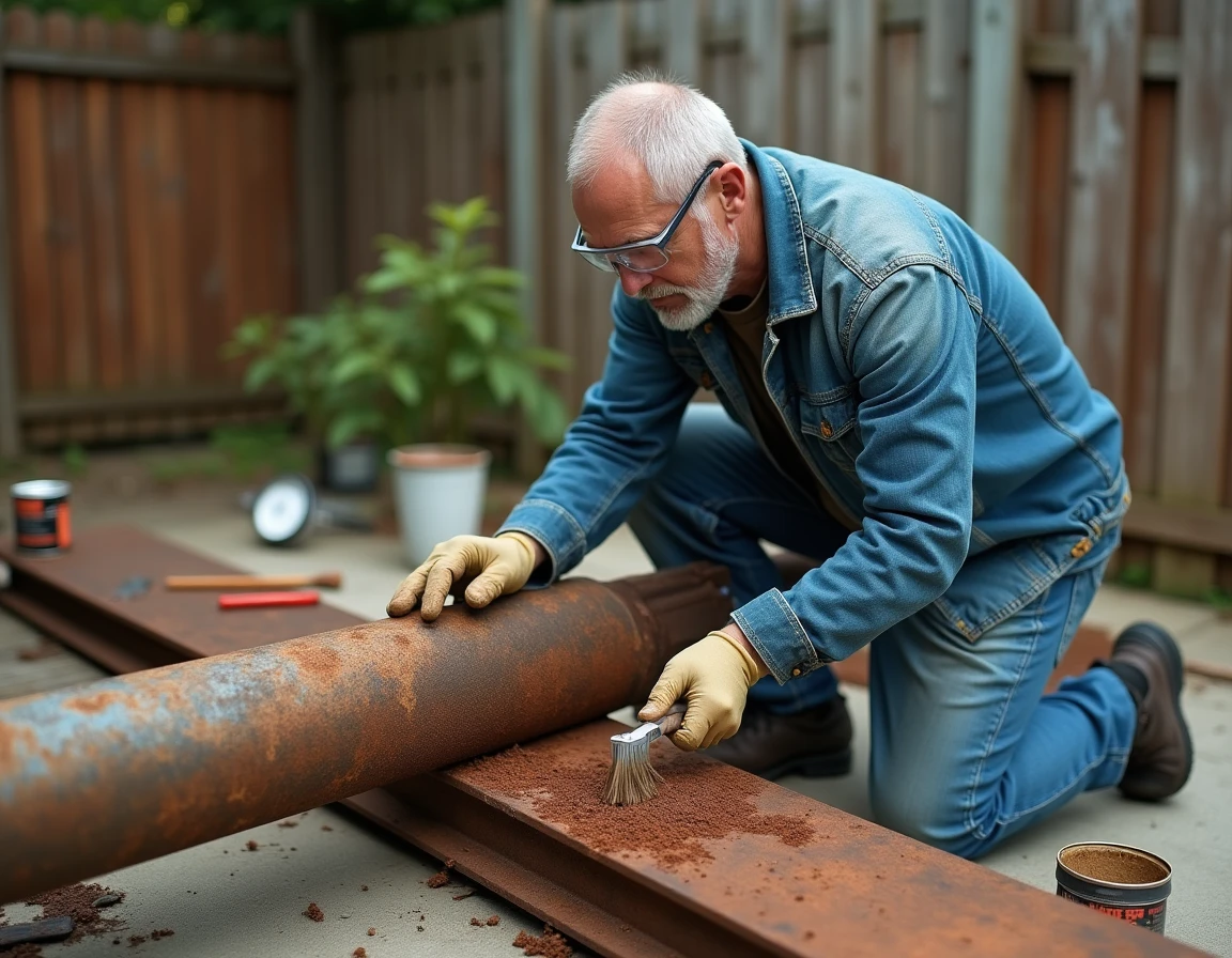 Homme appliquant un convertisseur de rouille sur un poteau en acier corrodé avant soudure, réparation extérieure