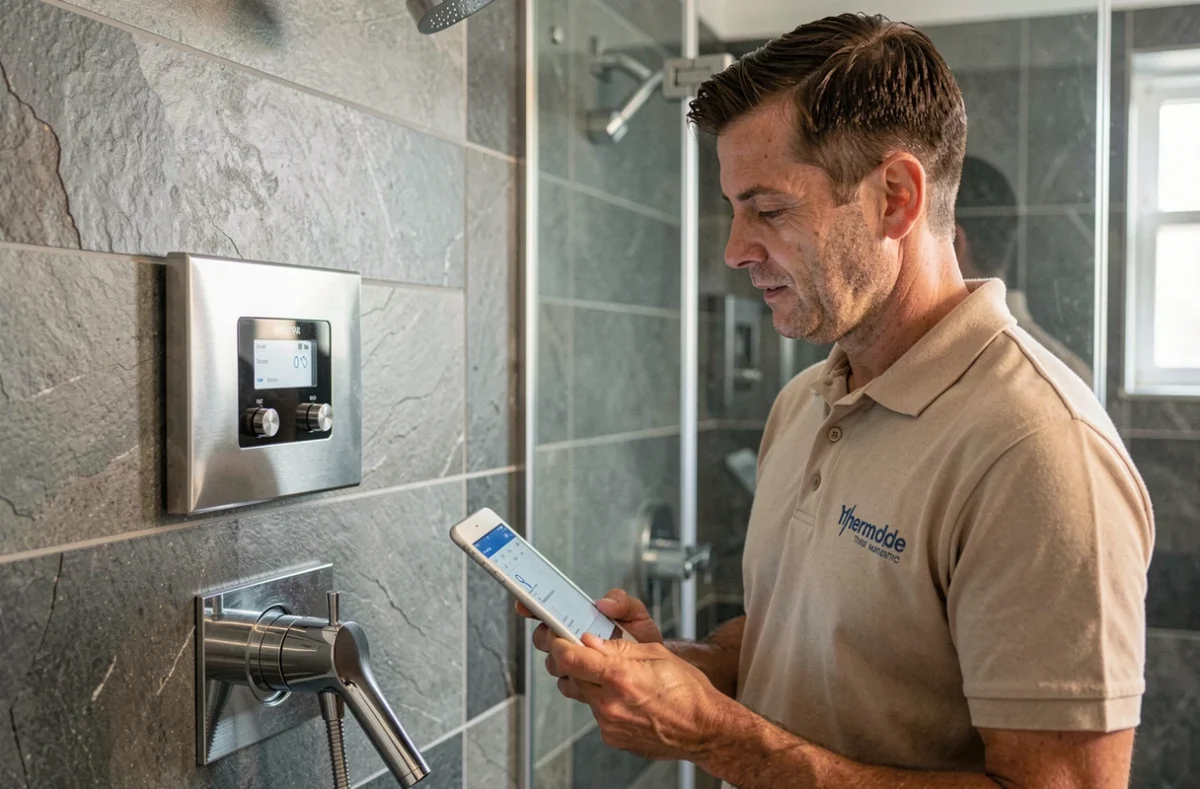 Technicien d'Aquathermplus vérifiant l'installation d'un système thermostatique de douche à l'italienne sur carrelage ardoise