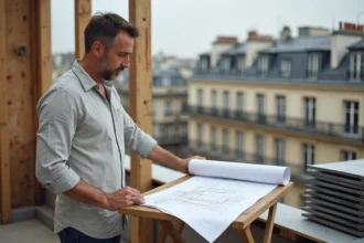 Architecte examinant les plans d'une surélévation de maison sur un chantier de toiture à Paris