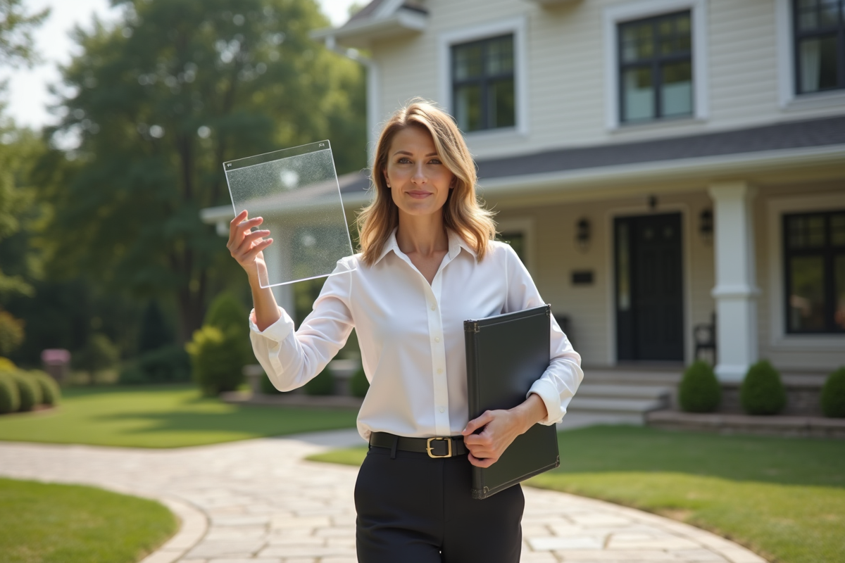 Architecte tenant un echantillon de fenetre devant une maison