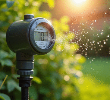 Timer d'arrosage automatique dans un jardin vert ensoleille