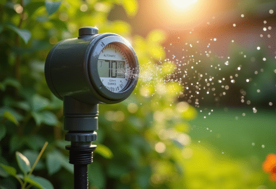 Timer d'arrosage automatique dans un jardin vert ensoleille