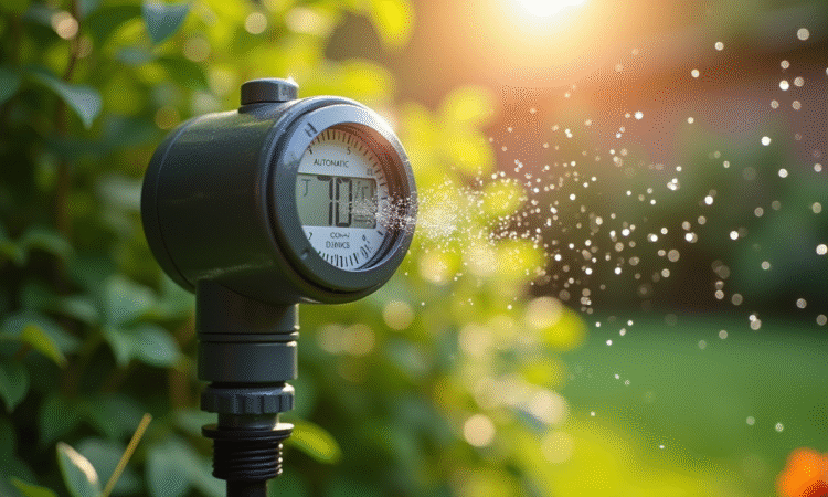 Timer d'arrosage automatique dans un jardin vert ensoleille