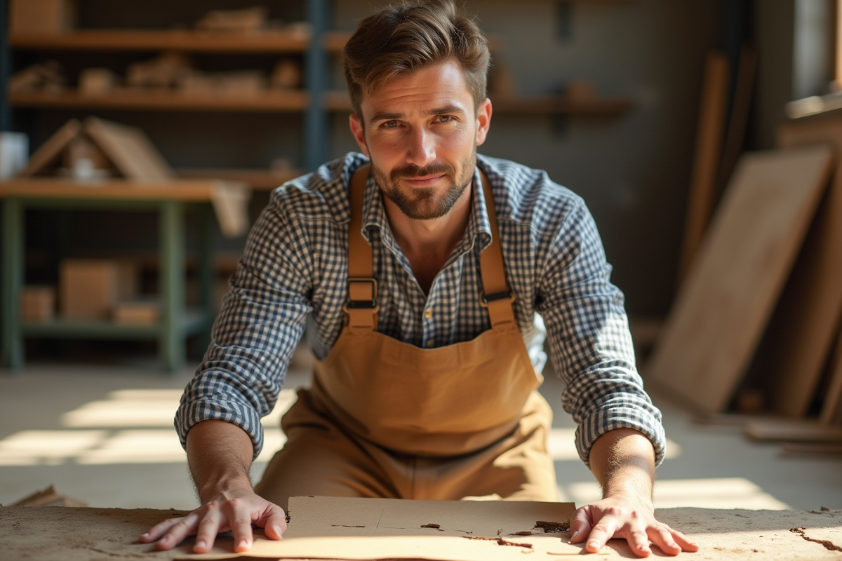 Jeune artisan tient un carton déchiré dans son atelier
