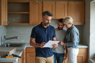 Un artisan montre un devis de travaux à un couple de propriétaires dans une cuisine en rénovation