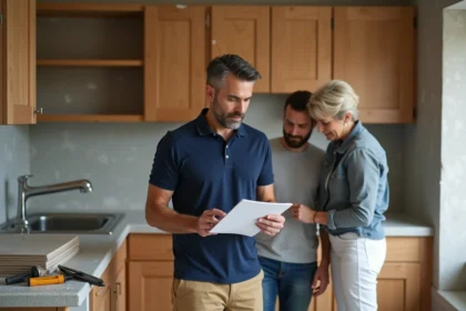 Un artisan montre un devis de travaux à un couple de propriétaires dans une cuisine en rénovation
