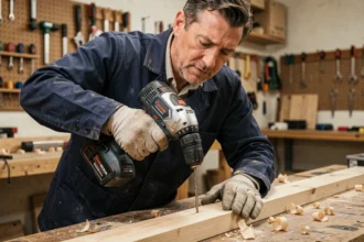Artisan utilisant une visseuse à batterie sur un établi en bois dans un atelier professionnel