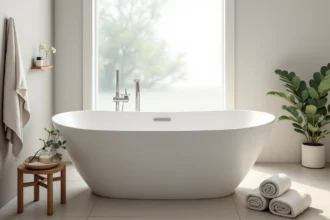 Baignoire balnéo autoportante blanche avec buses hydromassantes dans une salle de bain contemporaine au carrelage gris beige