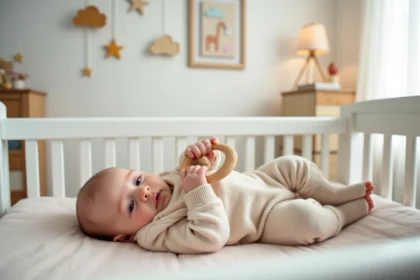 Bebe fille calme dans un berceau scandinave pastel