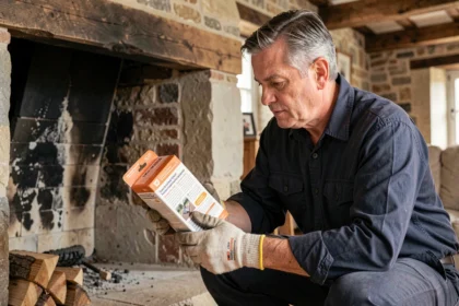 Homme lisant les instructions d'une bûche de ramonage devant une cheminée encrassée en pierre dans une maison de campagne