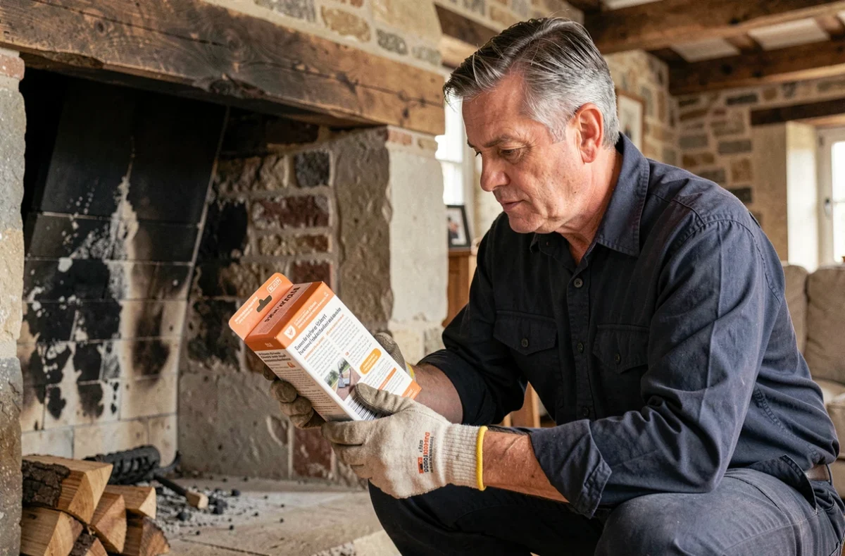 Homme lisant les instructions d'une bûche de ramonage devant une cheminée encrassée en pierre dans une maison de campagne
