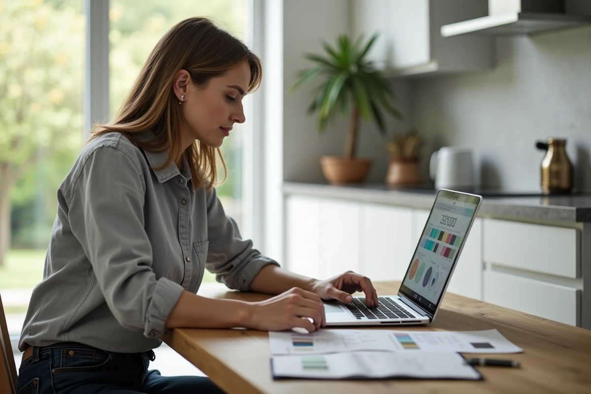 Femme consultant un calculateur de budget peinture en ligne avec des échantillons de couleurs sur une table de cuisine moderne