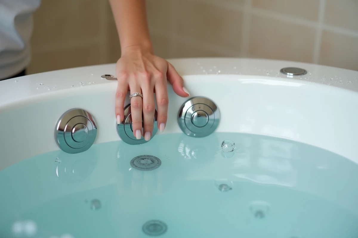 Gros plan sur les buses hydromassantes et le panneau de commande d'une baignoire balnéo en acrylique blanc