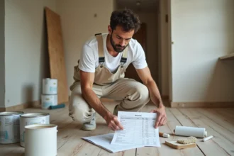 Homme en salopette calculant le budget peinture dans un salon en cours de rénovation avec des pots de peinture ouverts