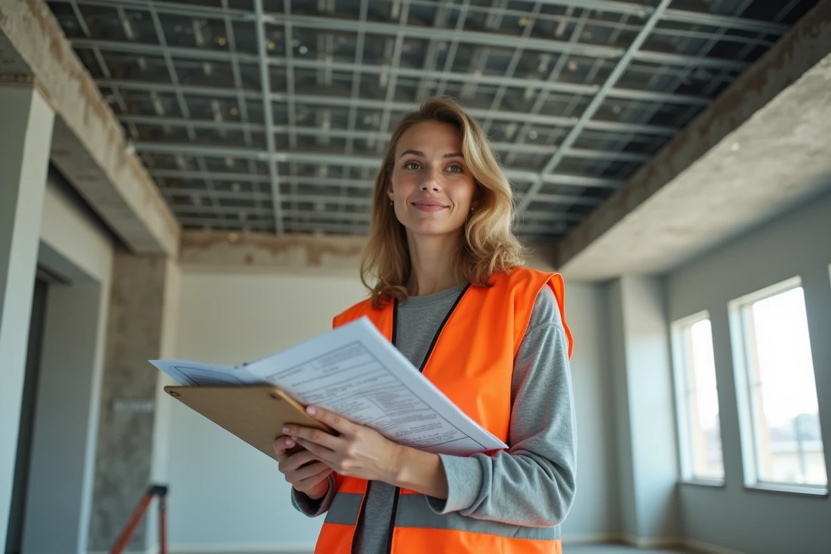 Cheffe de chantier évaluant le coût de pose d'un faux plafond au mètre carré dans un appartement