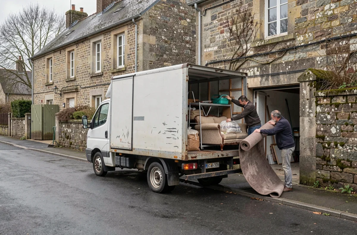 Camion de débarras chargé devant une maison bretonne à Pontivy avec des ouvriers évacuant les encombrants