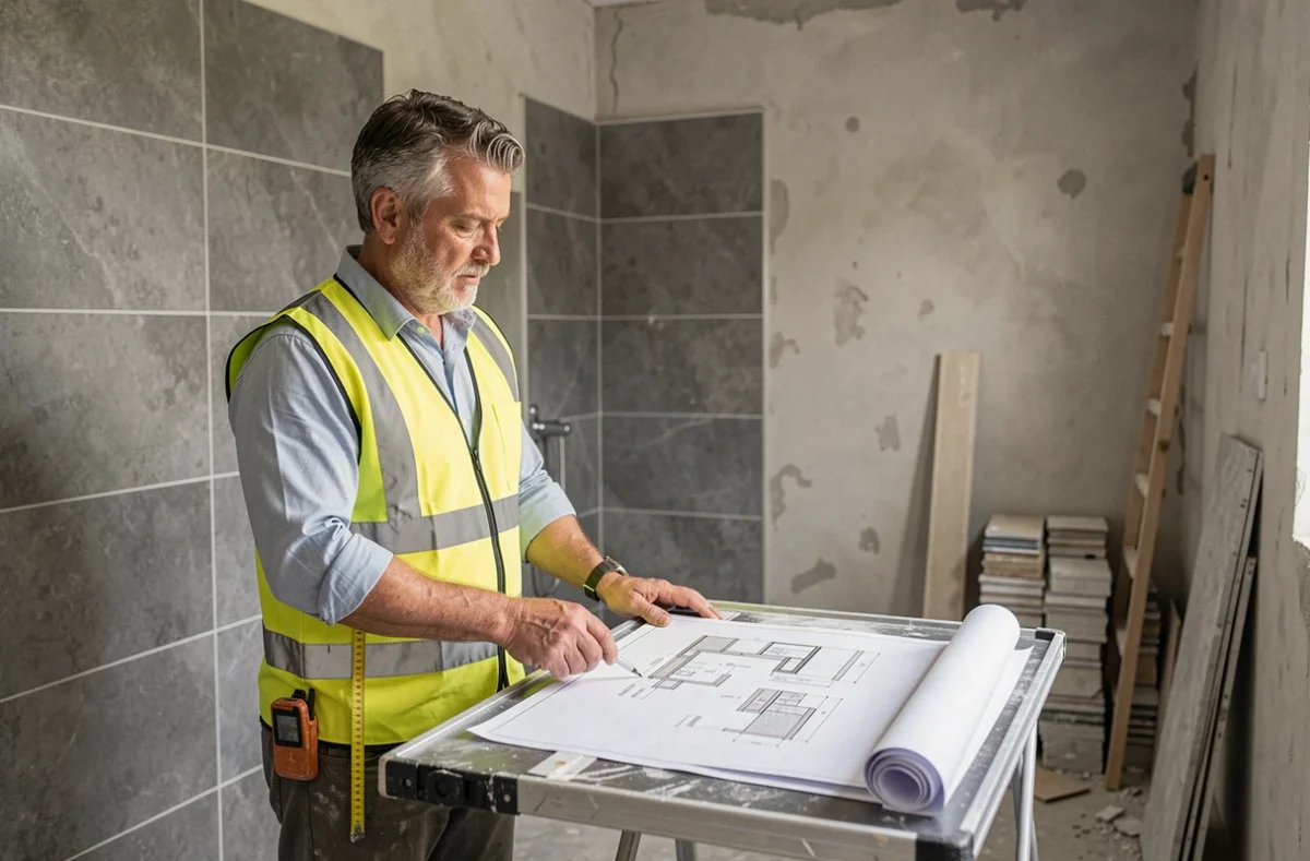 Chef de chantier de CGM Réalisation consultant des plans de rénovation dans une salle de bain partiellement carrelée