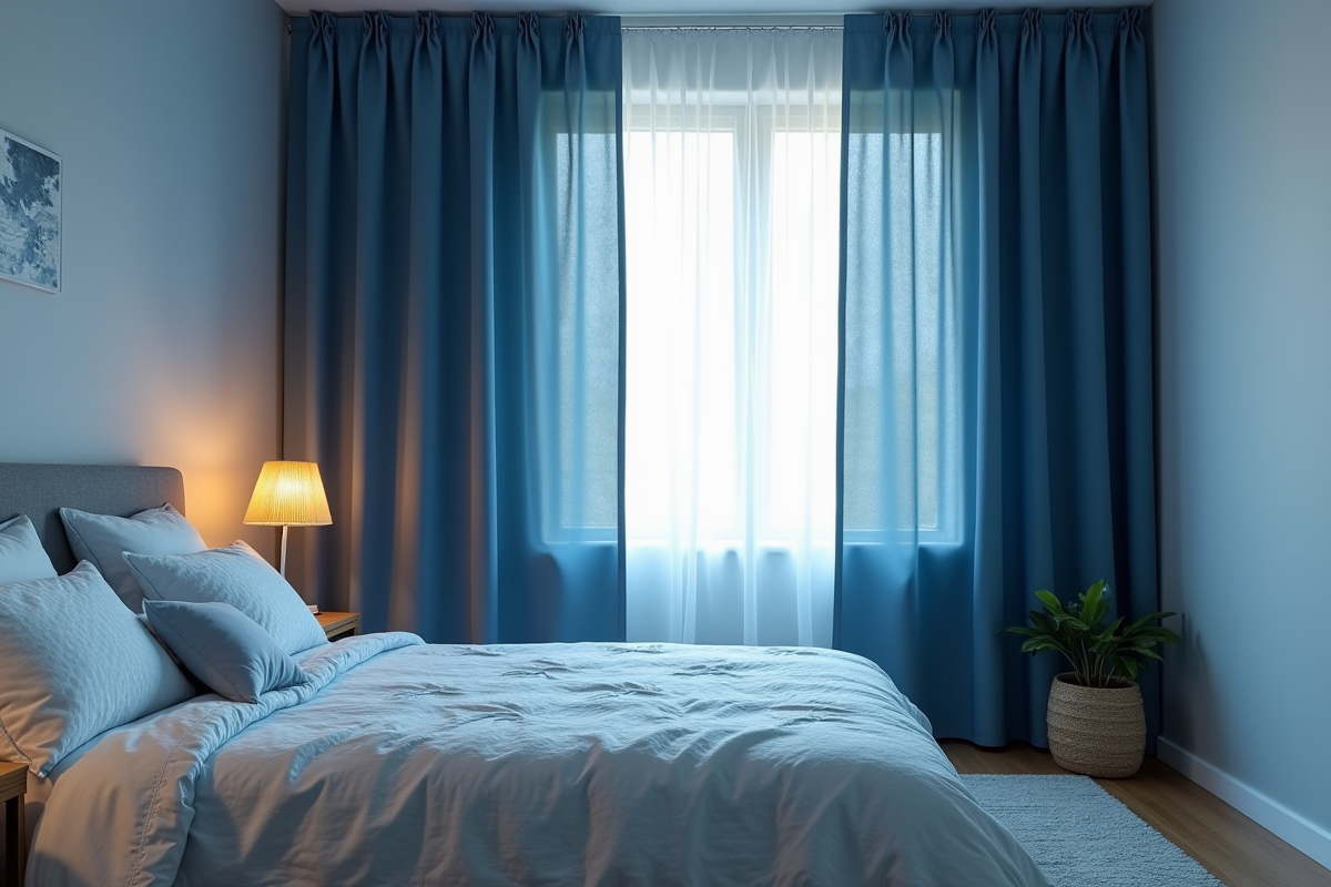 Chambre paisible avec rideaux bleus et lit confortable