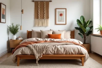 Chambre parentale chaleureuse dans un logement en location avec décoration cosy en textiles beige et terracotta