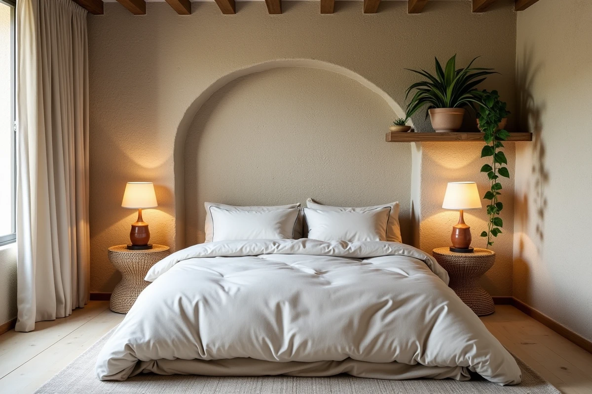 Chambre à coucher avec tête de lit en mur de moellon apparent, linge de lit en lin et plante verte en décoration naturelle