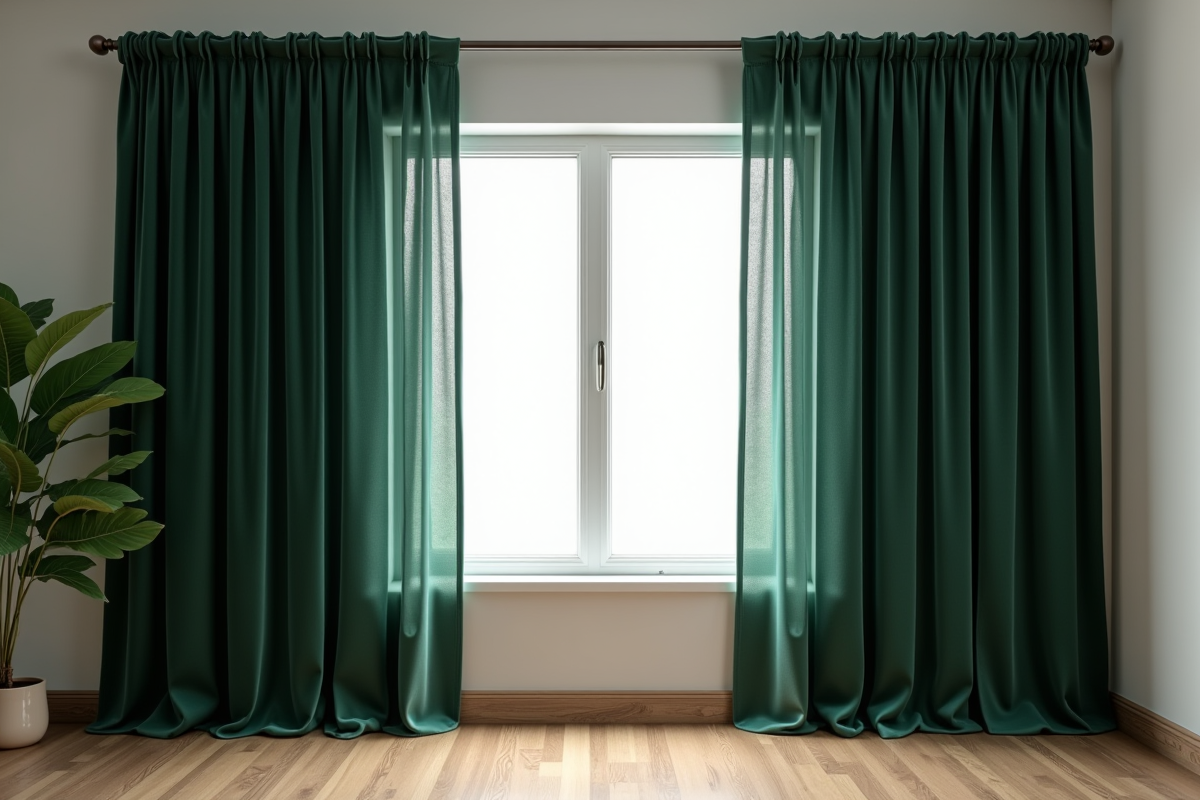 Chambre cosy avec fenêtre et rideaux en velours vert foncé