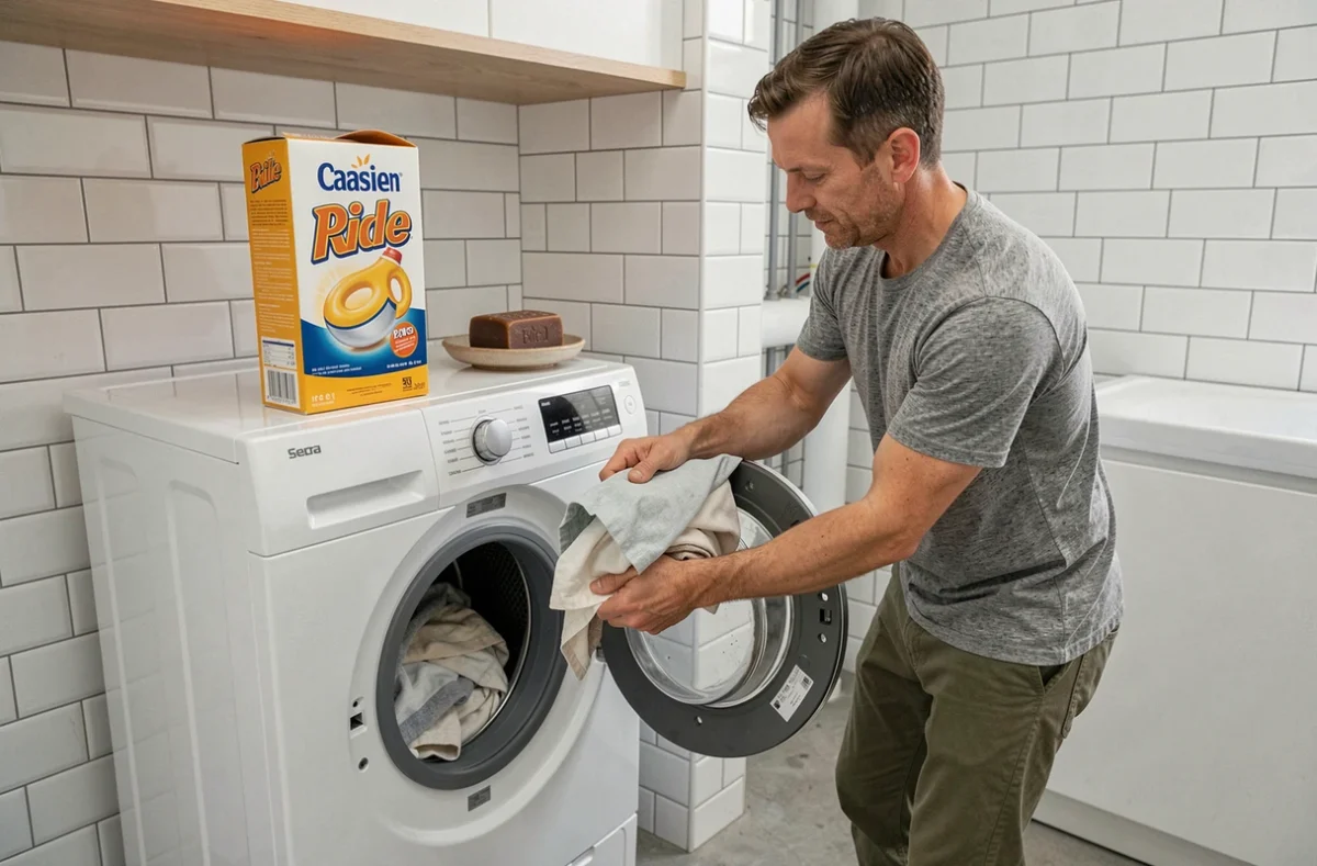 Homme chargeant le linge traité au savon fiel de bœuf dans un lave-linge avec lessive classique posée sur l'étagère