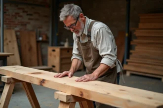 Charpentier examinant un madrier en bois massif dans un atelier artisanal, comparaison d'essences de bois