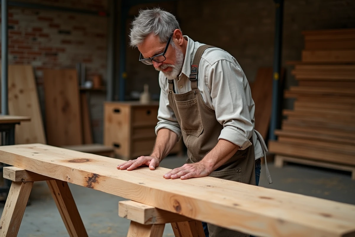 Charpentier examinant un madrier en bois massif dans un atelier artisanal, comparaison d'essences de bois