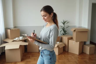 Femme organisant son déménagement avec une checklist et des cartons dans un appartement en cours de déballage