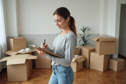 Femme organisant son déménagement avec une checklist et des cartons dans un appartement en cours de déballage