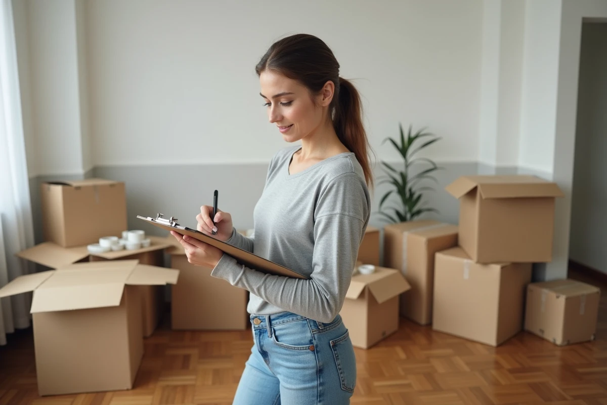 Femme organisant son déménagement avec une checklist et des cartons dans un appartement en cours de déballage