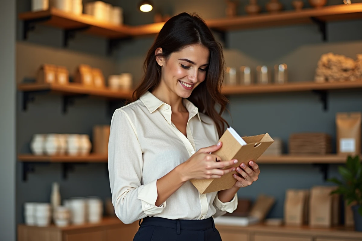 Cliente découvrant un produit artisanal dans la boutique parisienne Maison Aimable