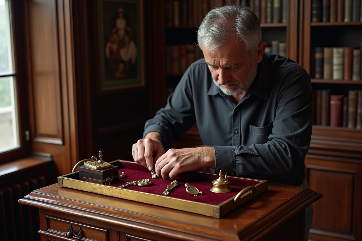 Homme arrangeant une collection d'objets en laiton ancien polis sur un plateau en velours dans un bureau victorien