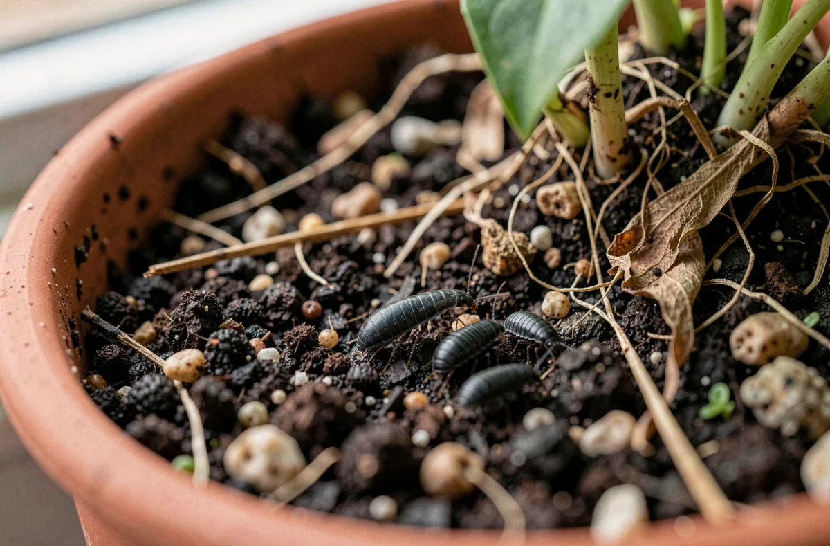Petits insectes noirs de type collemboles sur la terre d'un pot de plante d'intérieur, vue macro