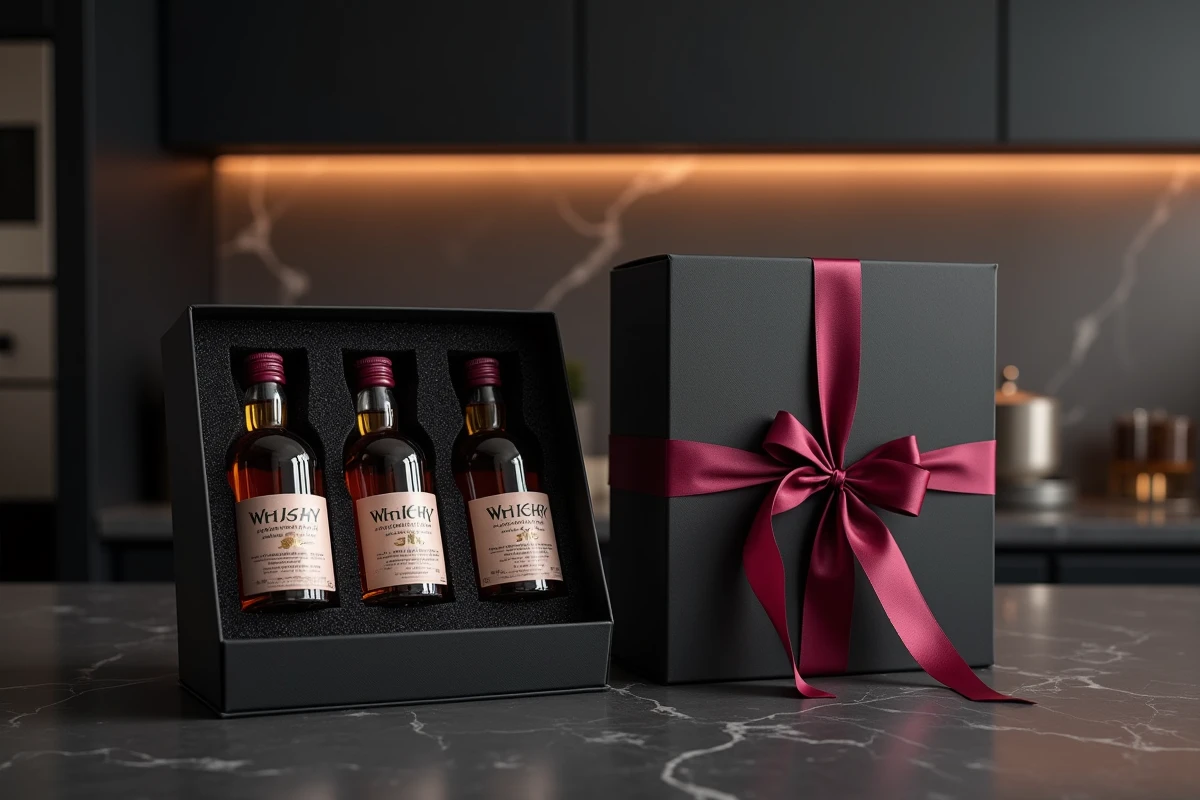 Deux coffrets cadeaux whisky comparés sur un comptoir en ardoise, l'un ouvert montrant des miniatures, l'autre emballé avec ruban