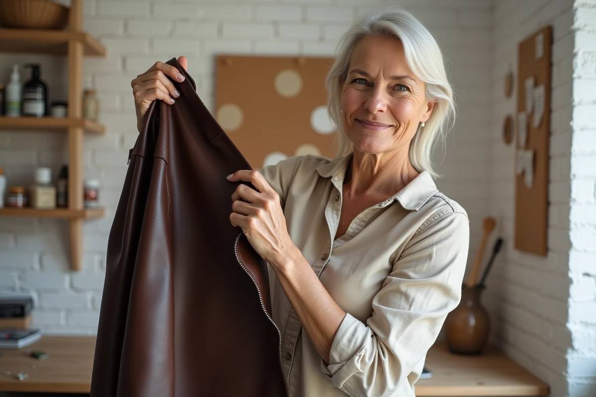 Femme comparant un cuir foncé d'origine avec une section repeinte en couleur claire dans un atelier de rénovation