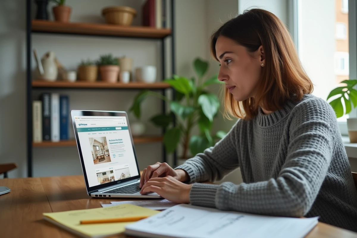 Une femme compare des devis de travaux en ligne sur un ordinateur portable avec des notes papier