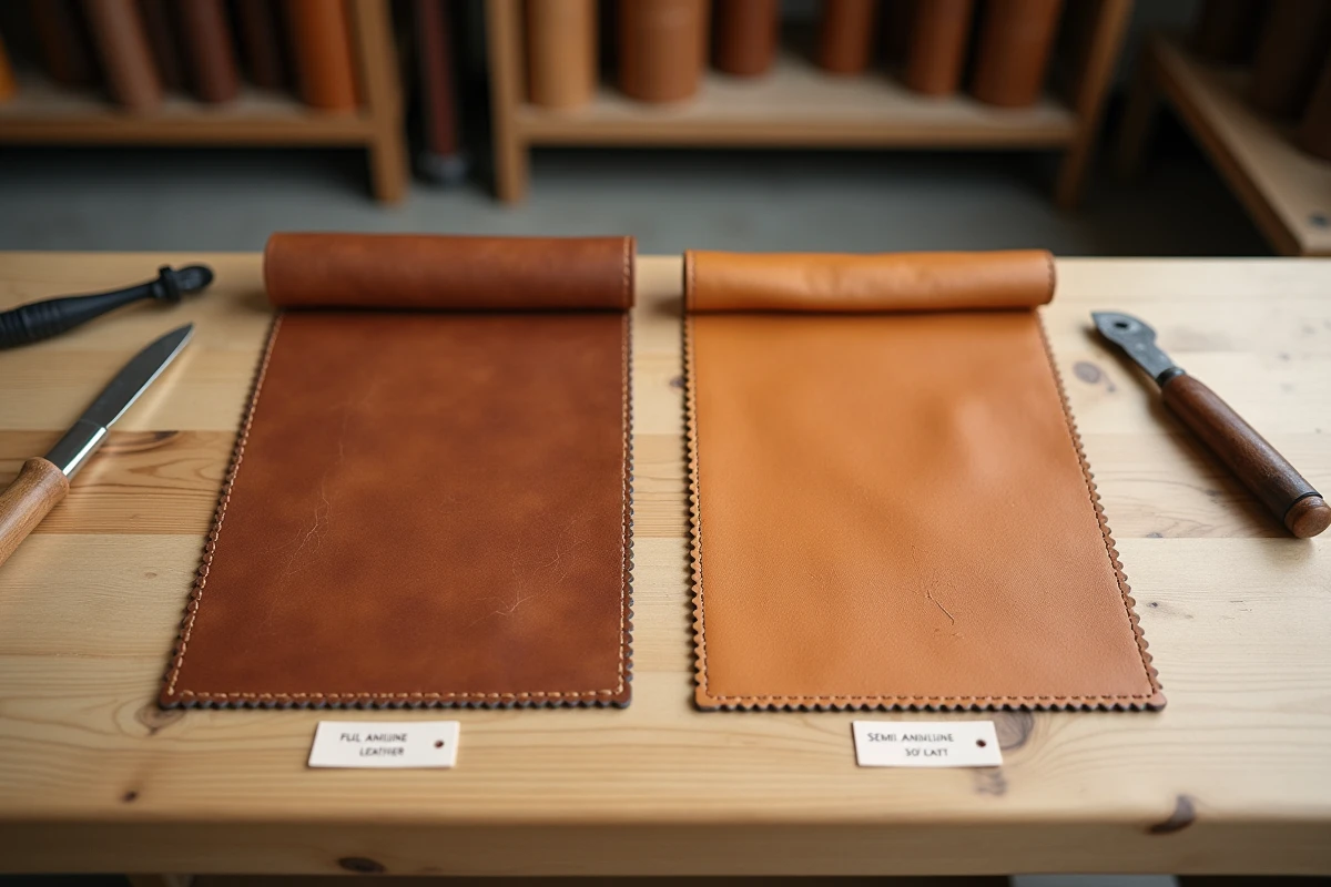 Comparaison de deux échantillons de cuir aniline et semi-aniline posés sur une table en chêne dans un atelier de maroquinerie