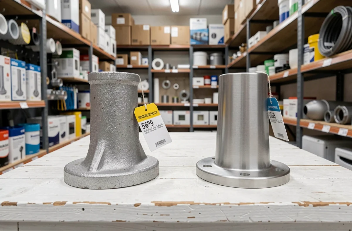 Comparaison d'un pied de radiateur en fonte et d'un pied en acier posés sur un établi dans un magasin de plomberie