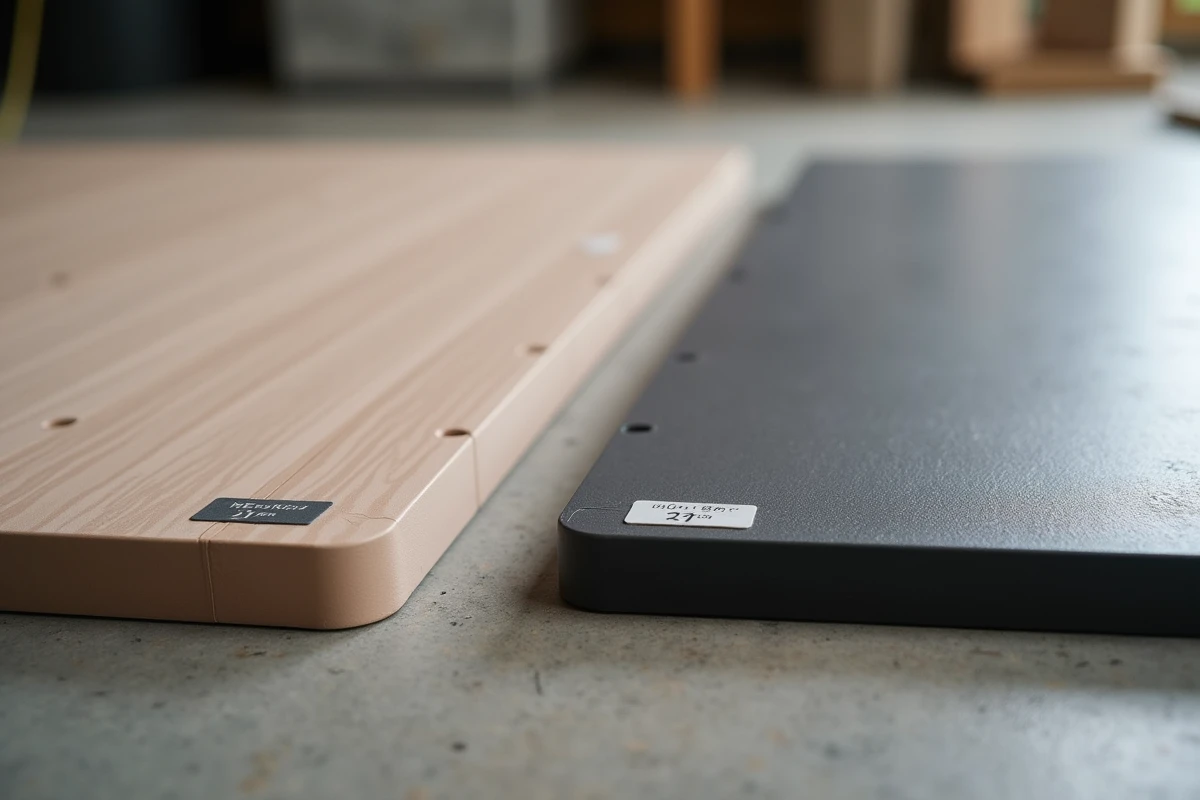 Comparaison de deux surfaces de tables en résine taupe et anthracite avec étiquettes de prix sur sol en béton
