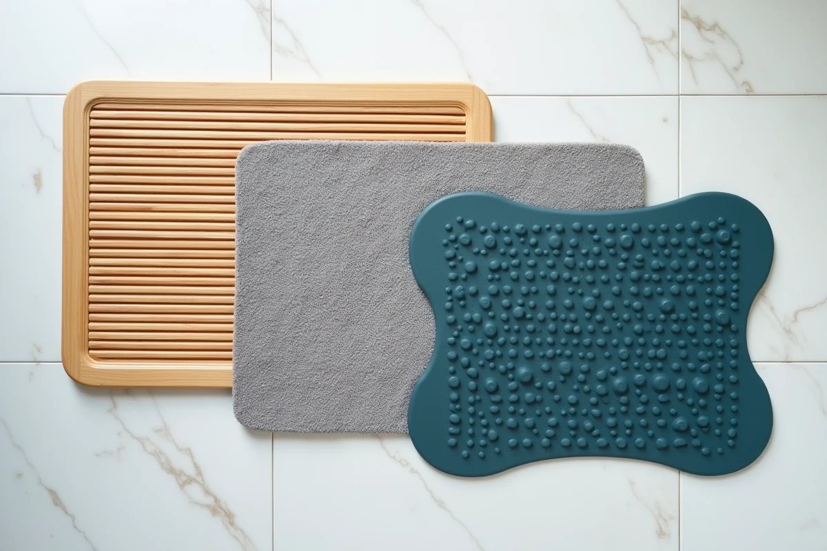 Comparaison de trois tapis antidérapants de bain : bambou, microfibre chenille et PVC à ventouses, posés sur un sol en marbre blanc