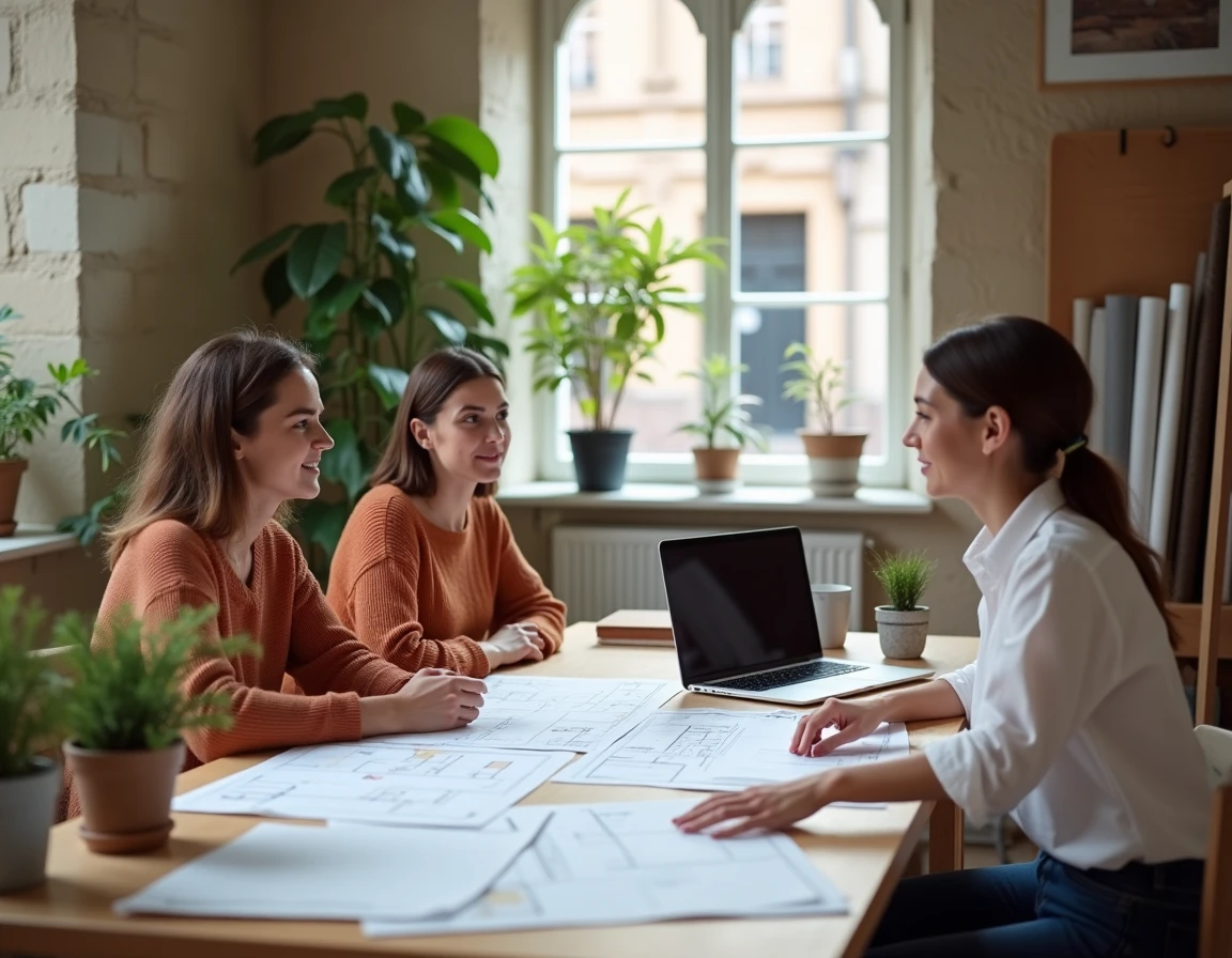 Réunion de conseil en aménagement intérieur dans un atelier de design strasbourgeois, avec plans et échantillons de matériaux sur une table de travail