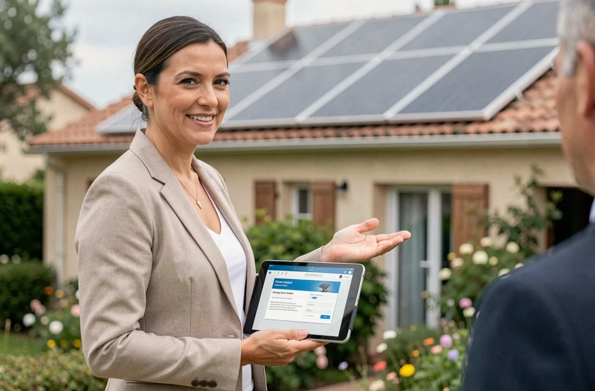 Conseillère en énergie solaire présentant un devis d'installation à domicile à Montpellier