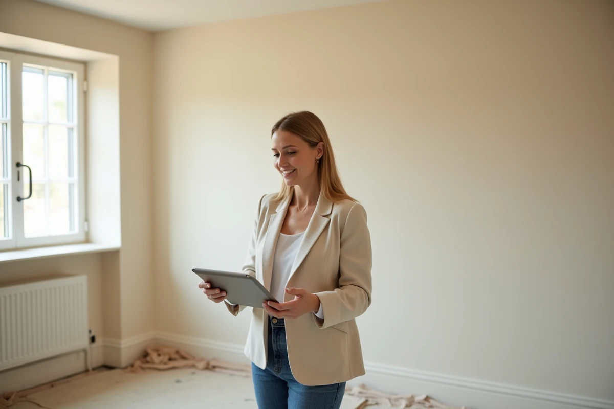 Consultante en rénovation présentant les performances thermiques d'un mur isolé avec placo dans une pièce rénovée