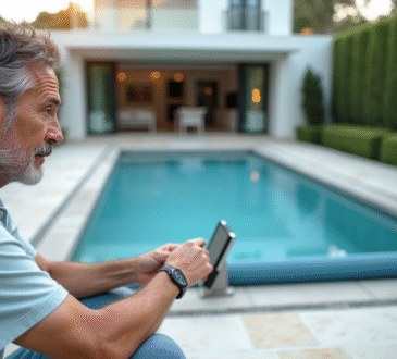 Homme d'âge moyen utilisant un panneau de contrôle piscine