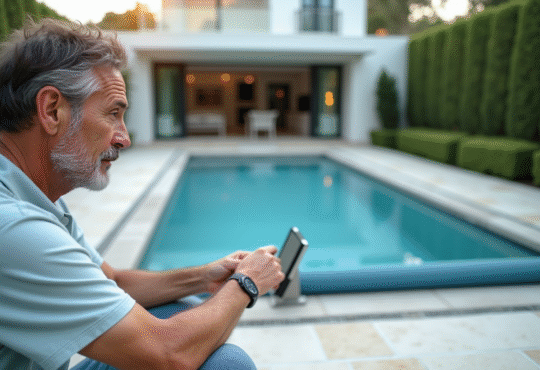 Homme d'âge moyen utilisant un panneau de contrôle piscine